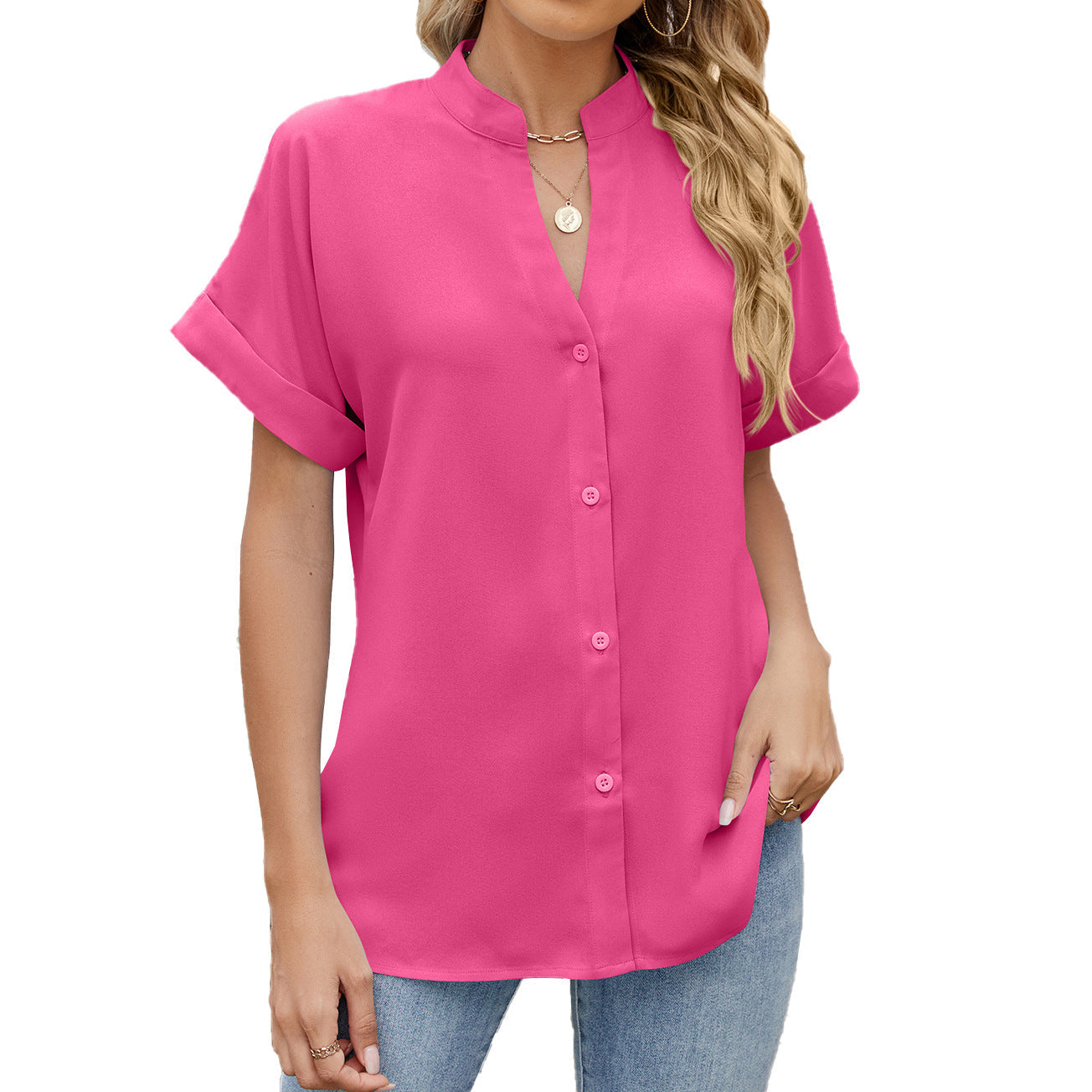 Solid Color And V-neck Loose Short Sleeve Button Shirt Chiffon Shirt