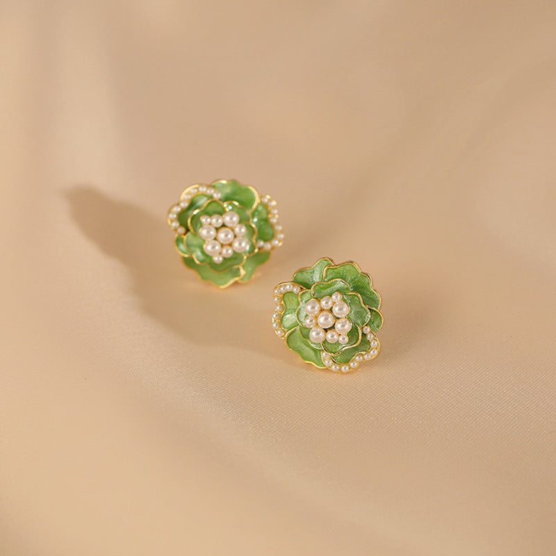 Sterling Silver Needle High-grade Temperament Camellia Pearl Ear Studs