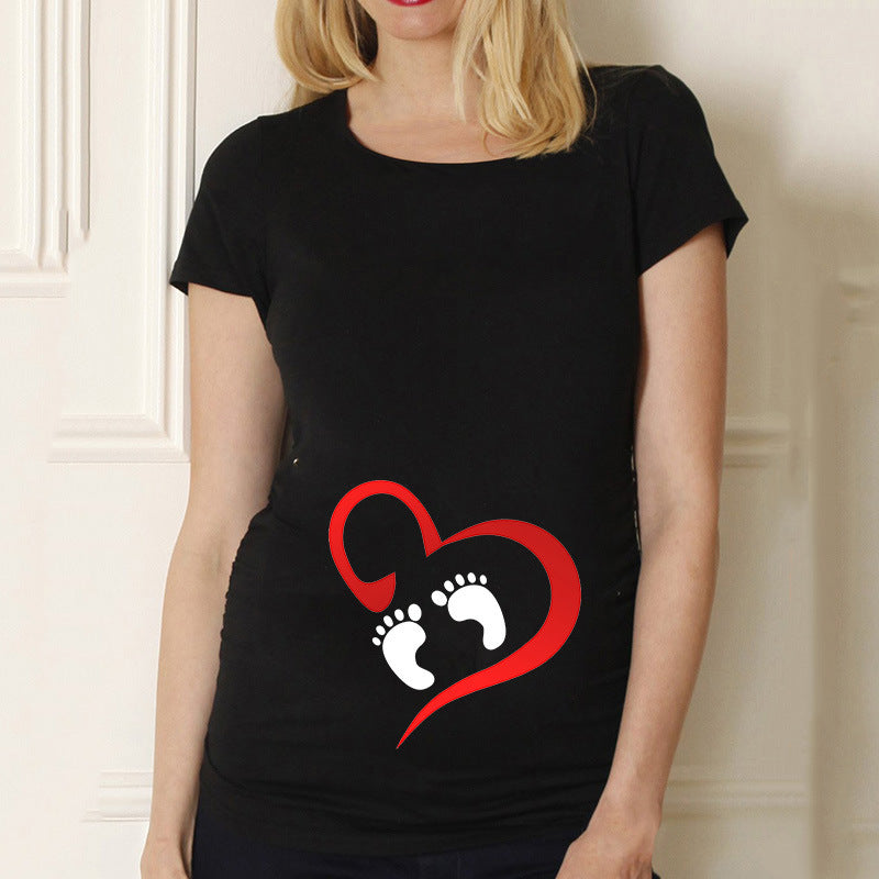 Black Pregnancy Shirt Maternity Cute Baby Print O-Neck Short