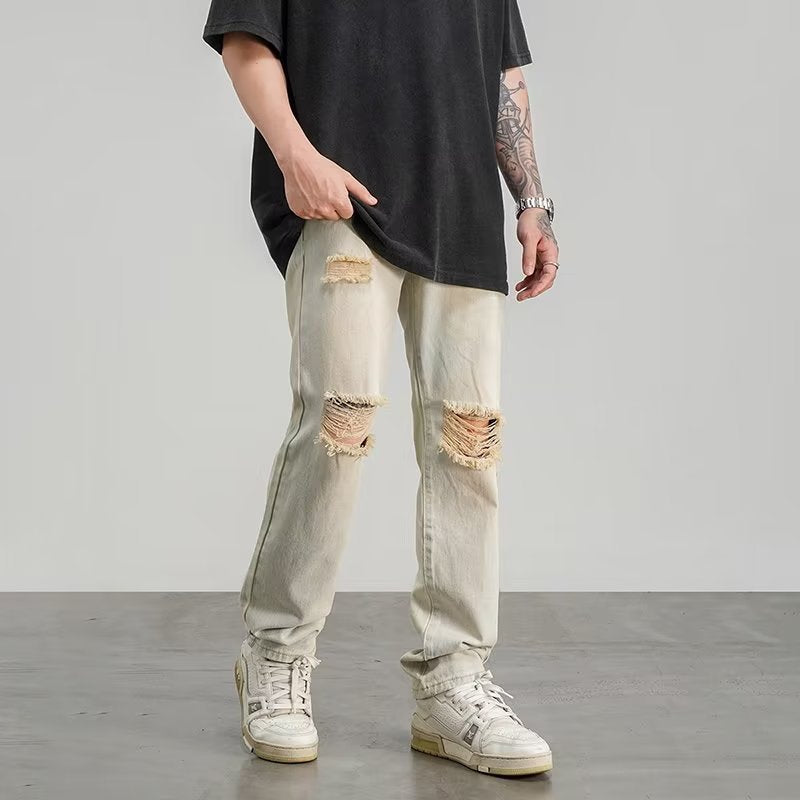 Ripped Jeans Men's Thin Yellow Mud Color Wide Leg