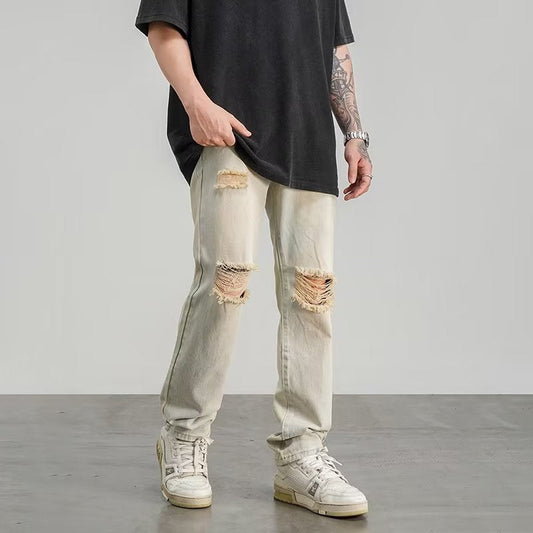 Ripped Jeans Men's Thin Yellow Mud Color Wide Leg