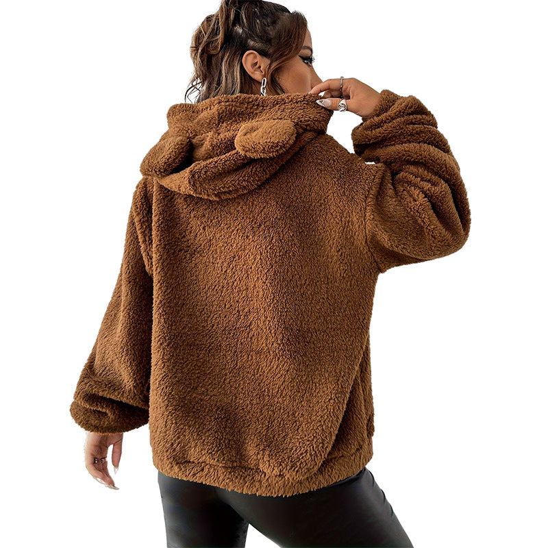 Autumn And Winter Loose Hooded Thickened Warm Plush Coat