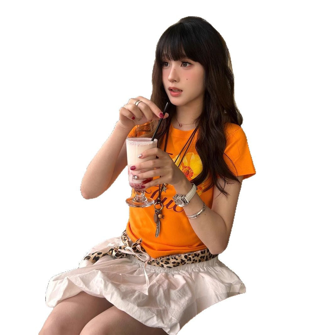 All-matching Summer Orange Printed Short Sleeve