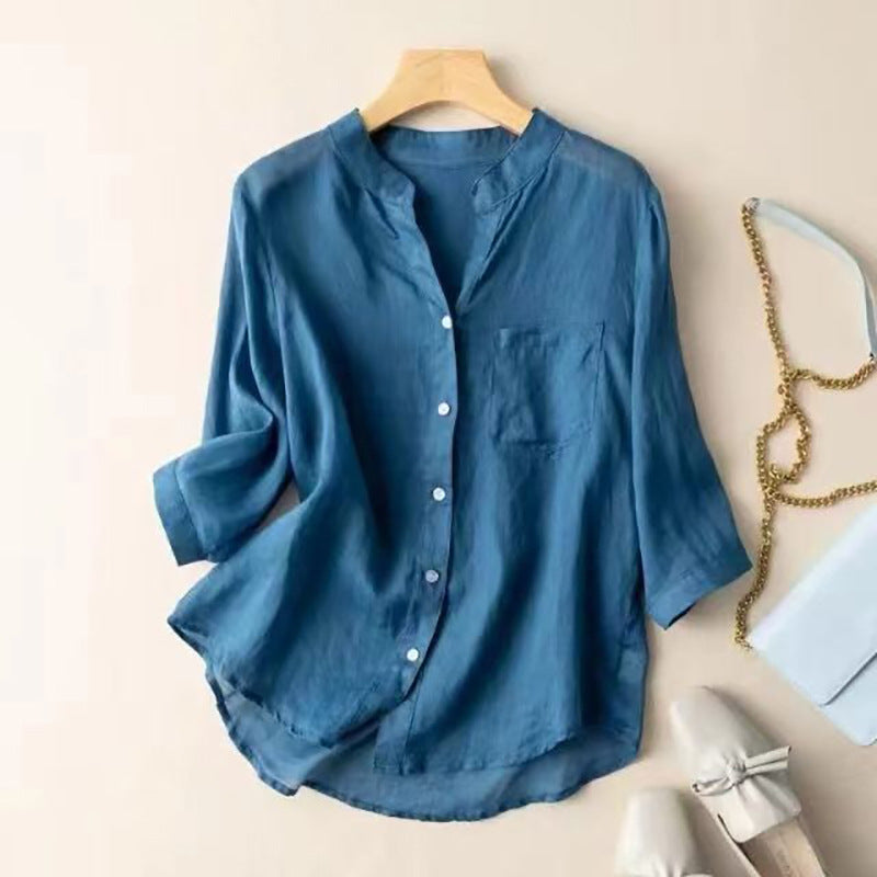 Temperament Leisure Style Artistic Retro Solid Color Summer Thin Cotton And Linen Shirt