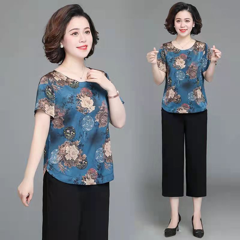 Western Style Suit Ice Silk Top Middle-aged And Elderly Women's Printed Short Sleeve
