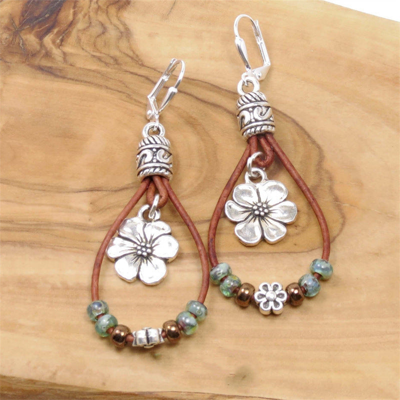 Bohemian Style Leather Rope Flower Beaded Earrings