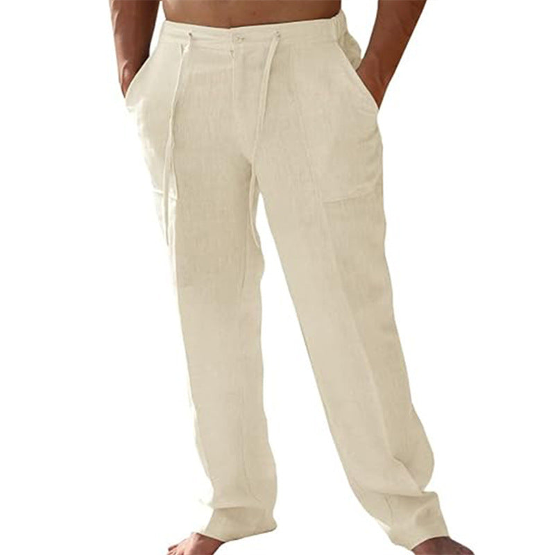 Men's Casual Linen Patch Pocket Loose Drawstring Straight Summer Beach Yoga Trousers