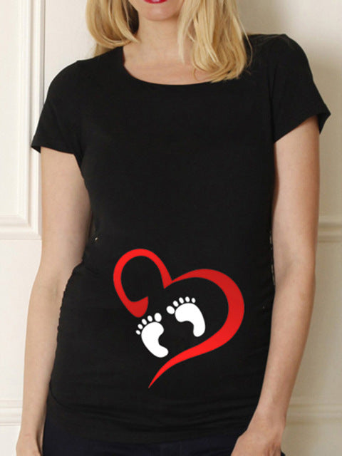 Black Pregnancy Shirt Maternity Cute Baby Print O-Neck Short