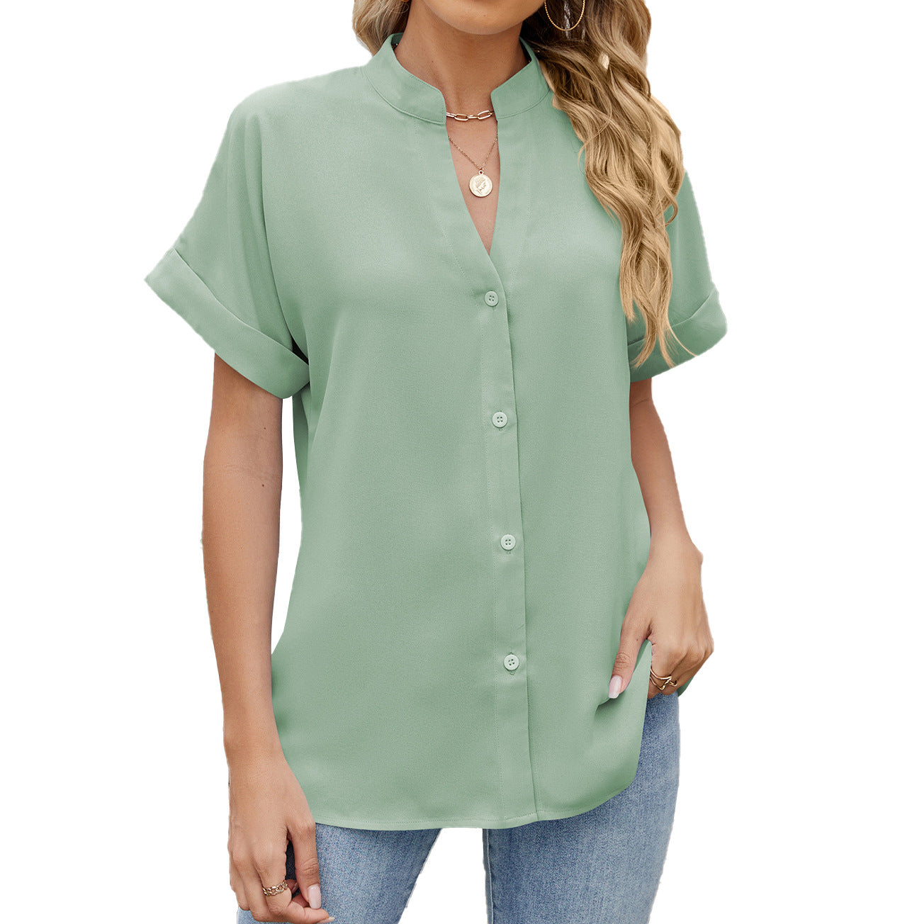 Solid Color And V-neck Loose Short Sleeve Button Shirt Chiffon Shirt