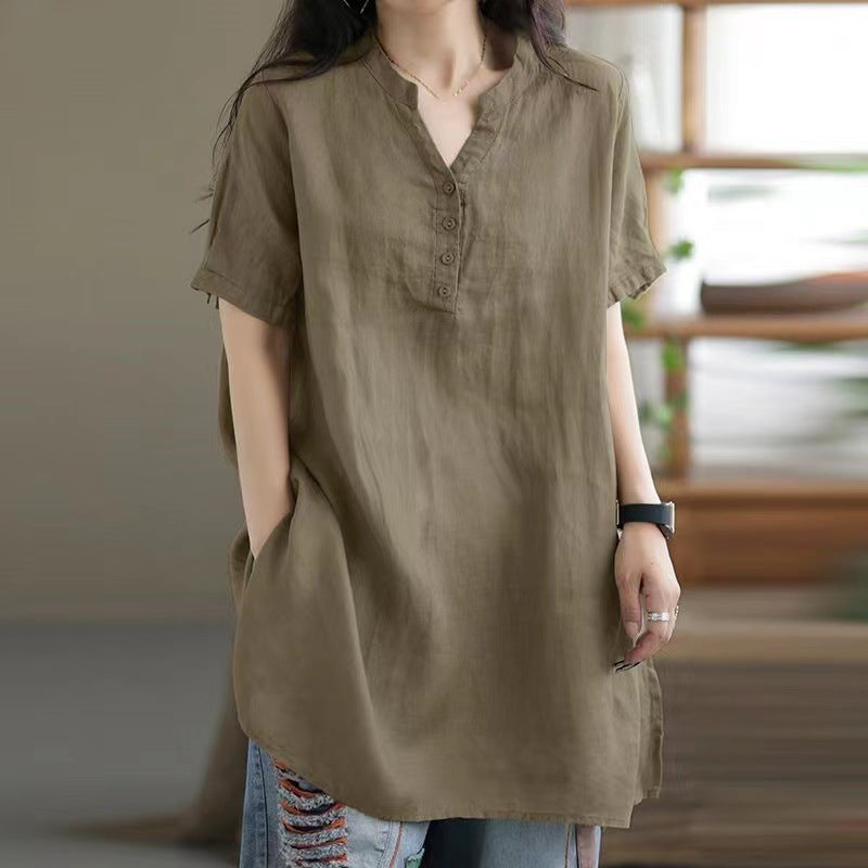 Loose Plump Girls Button Fashion V-neck Short Sleeve Solid Color T-shirt