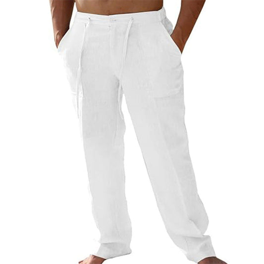 Men's Casual Linen Patch Pocket Loose Drawstring Straight Summer Beach Yoga Trousers