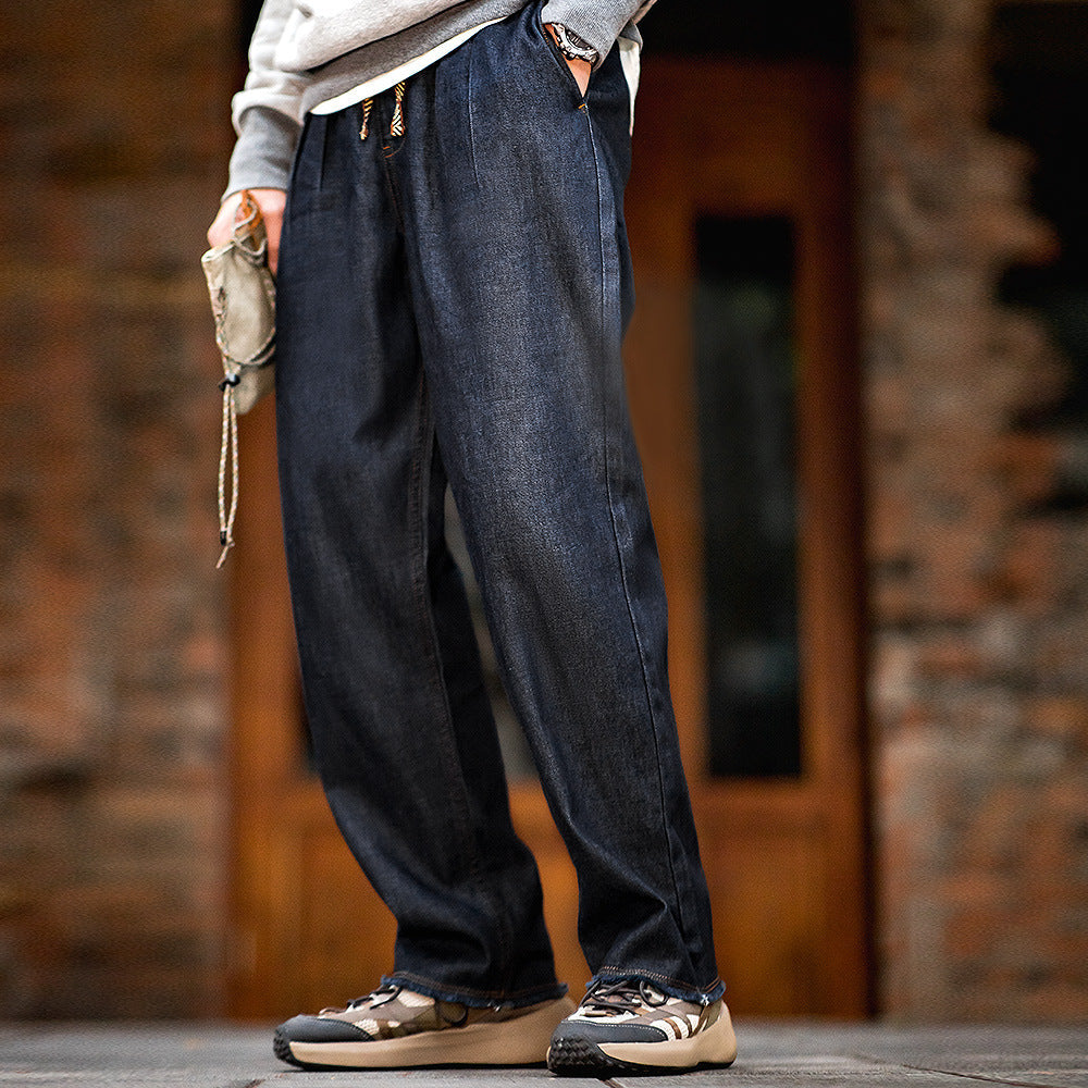 American Casual Jeans Washed Double Pleated Loose Burrs Men's Straight-leg Trousers