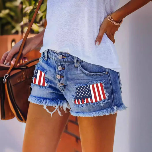 European And American Leisure Ripped Print Patch Tassel Denim Straight Shorts Female