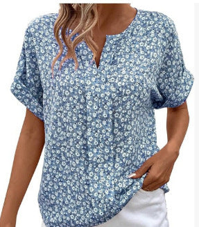 Casual V-neck Short Sleeve Printed Loose Shirt