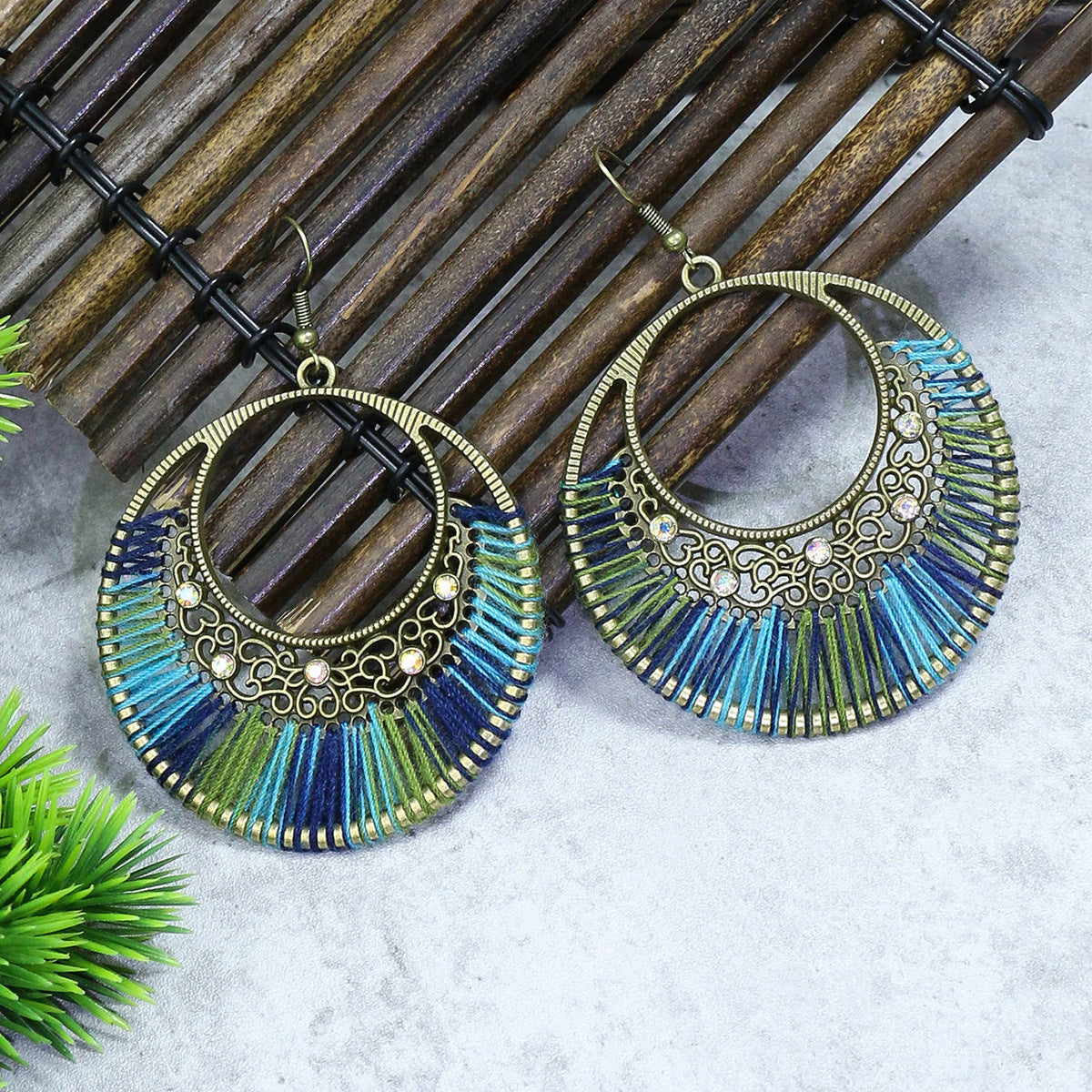 Ethnic Style Earrings Handmade Woven Hollowed Round Ring Earrings