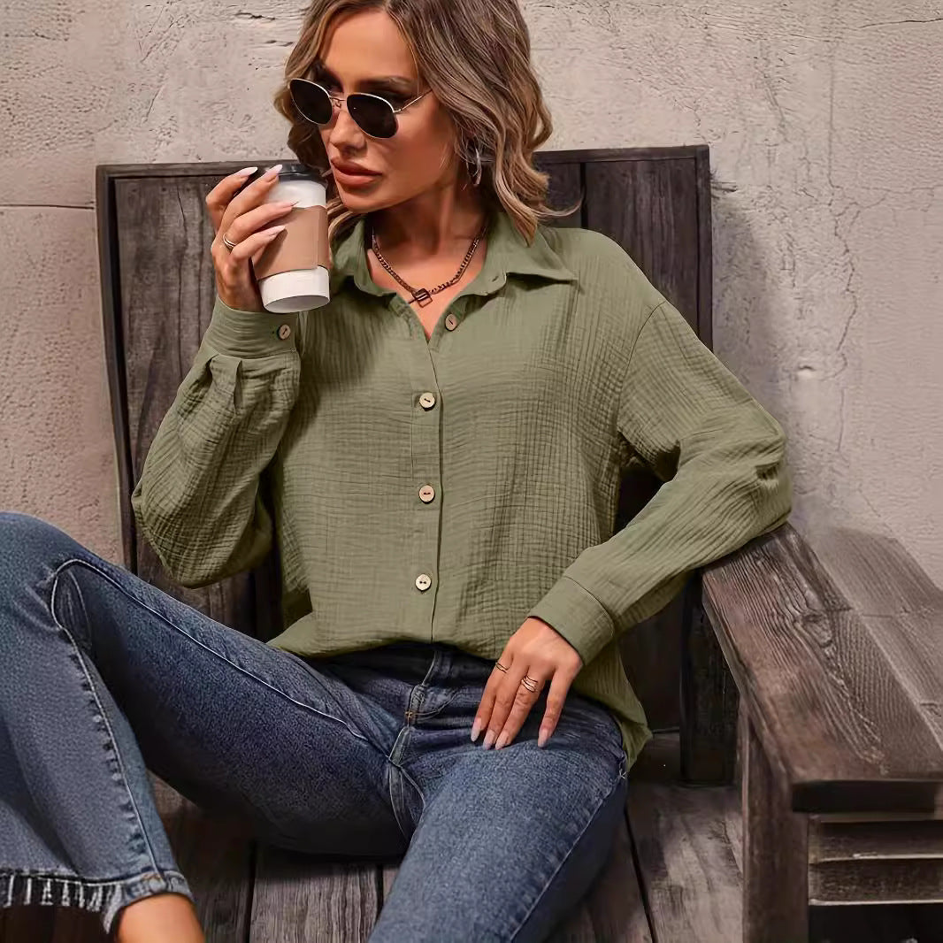 Women's Solid Color Front Button Drop Shoulder Shirt Women's
