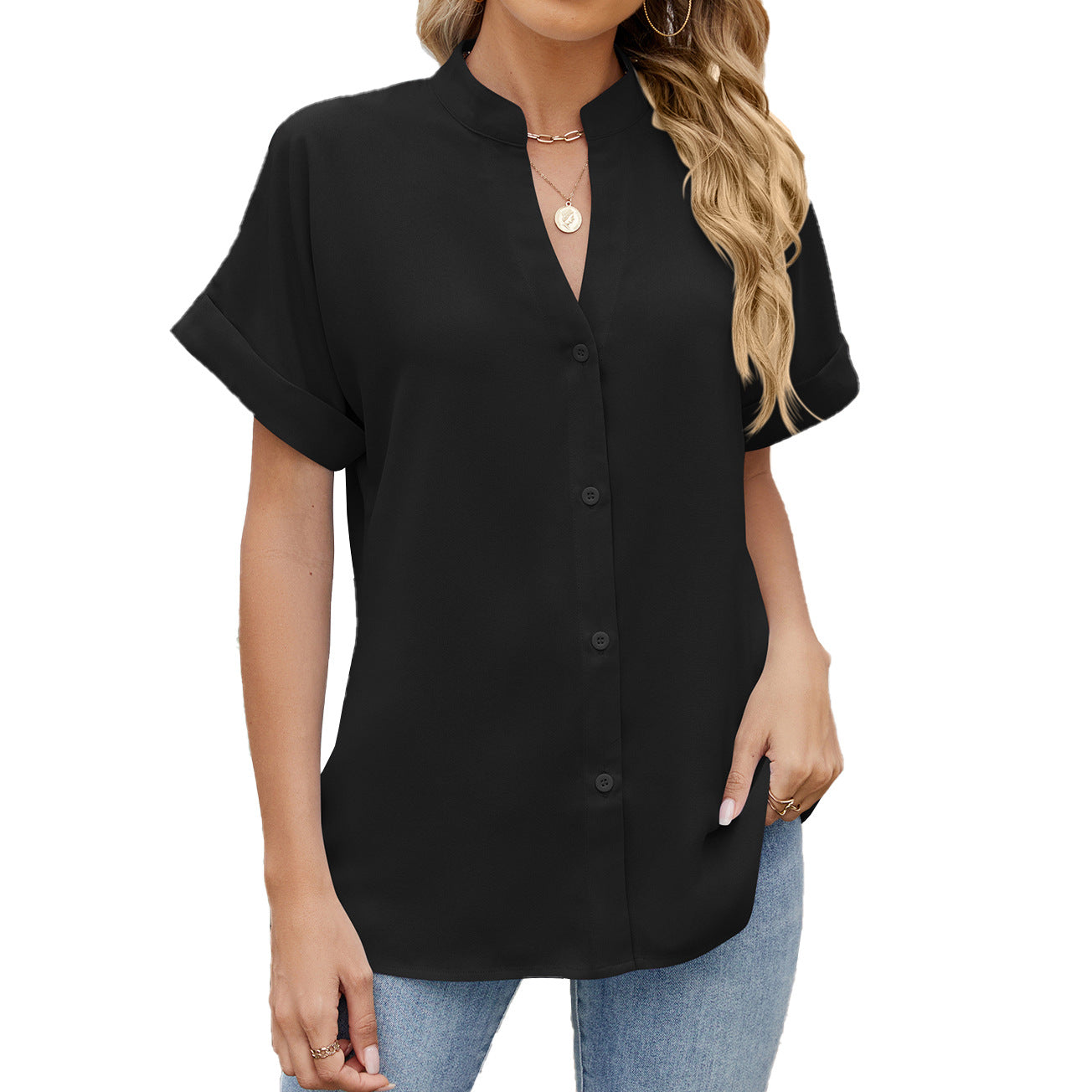 Solid Color And V-neck Loose Short Sleeve Button Shirt Chiffon Shirt