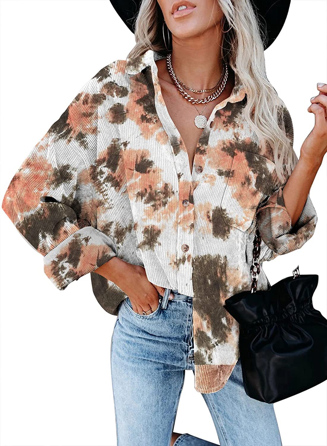 Corduroy Digital Printing Long Sleeve Buckle Loose Oversized Shirt