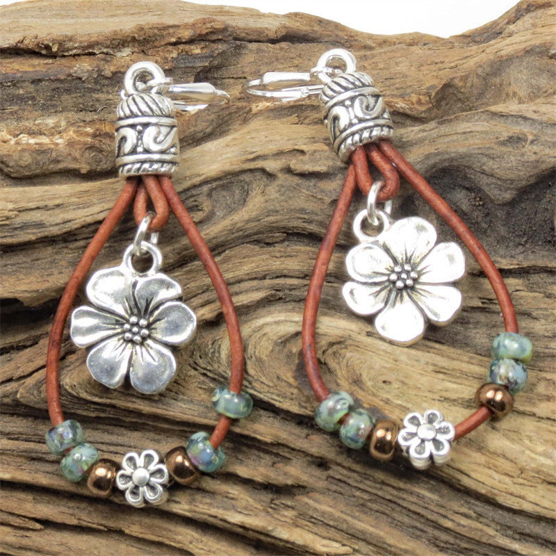 Bohemian Style Leather Rope Flower Beaded Earrings