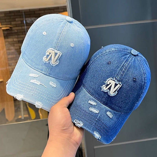 Embroidered Denim Letter Baseball Women's Ripped Peaked Cap Sun Hat