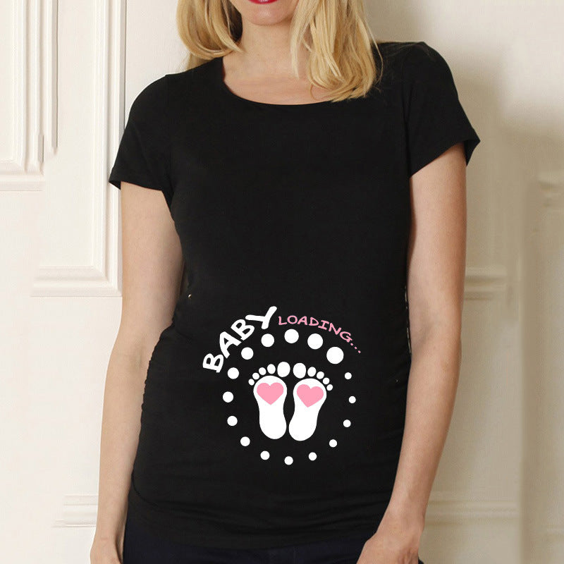 Black Pregnancy Shirt Maternity Cute Baby Print O-Neck Short