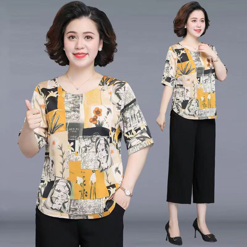 Western Style Suit Ice Silk Top Middle-aged And Elderly Women's Printed Short Sleeve