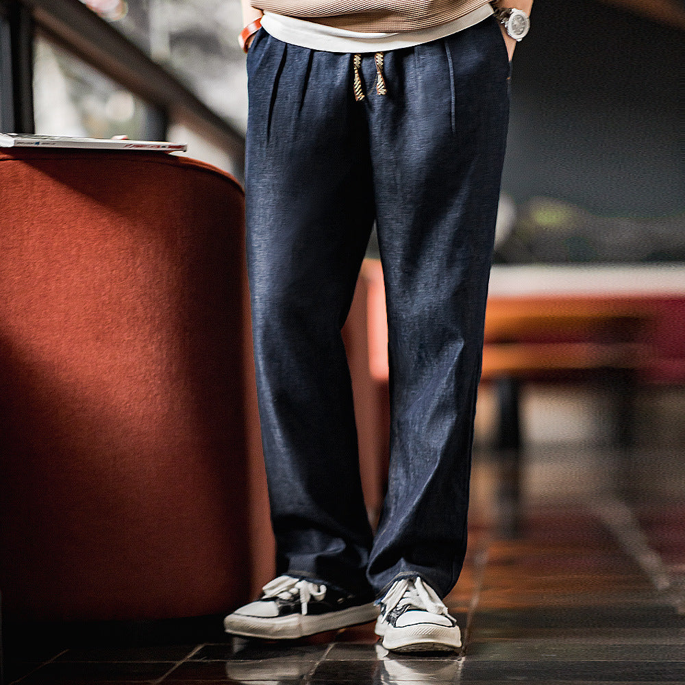 American Casual Jeans Washed Double Pleated Loose Burrs Men's Straight-leg Trousers