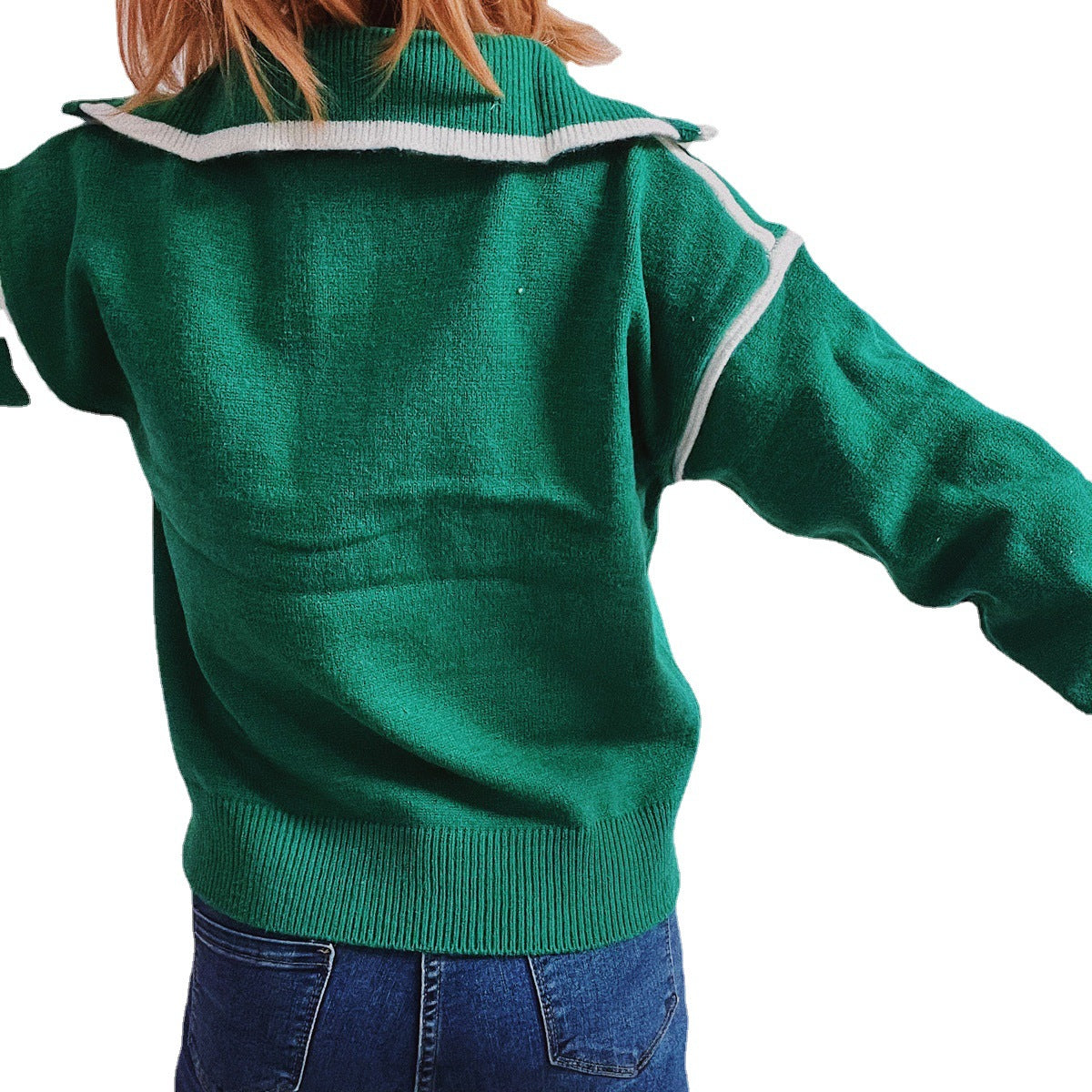 Women's Casual Knitted Zipper And Lapel Contrast Color Long Sleeves Sweater