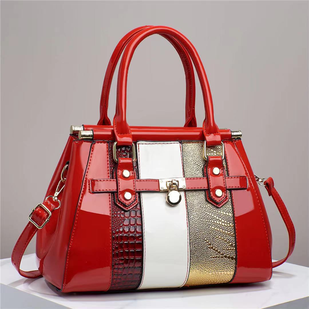 Vertical Stitching Bright Leather Lizard Pattern Large Capacity Shoulder Bag