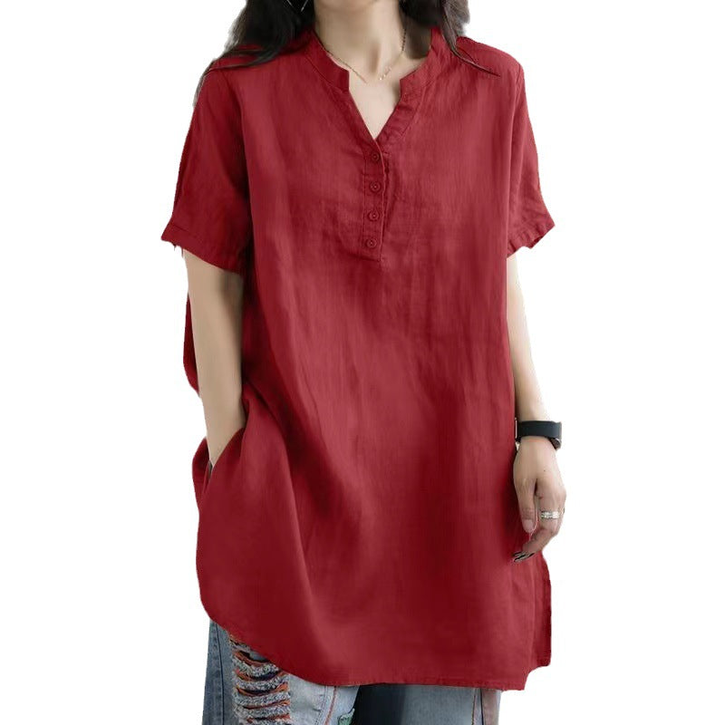 Loose Plump Girls Button Fashion V-neck Short Sleeve Solid Color T-shirt