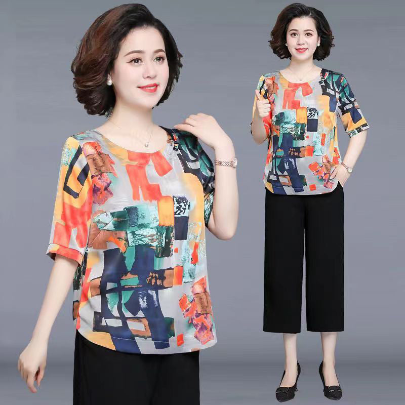 Western Style Suit Ice Silk Top Middle-aged And Elderly Women's Printed Short Sleeve