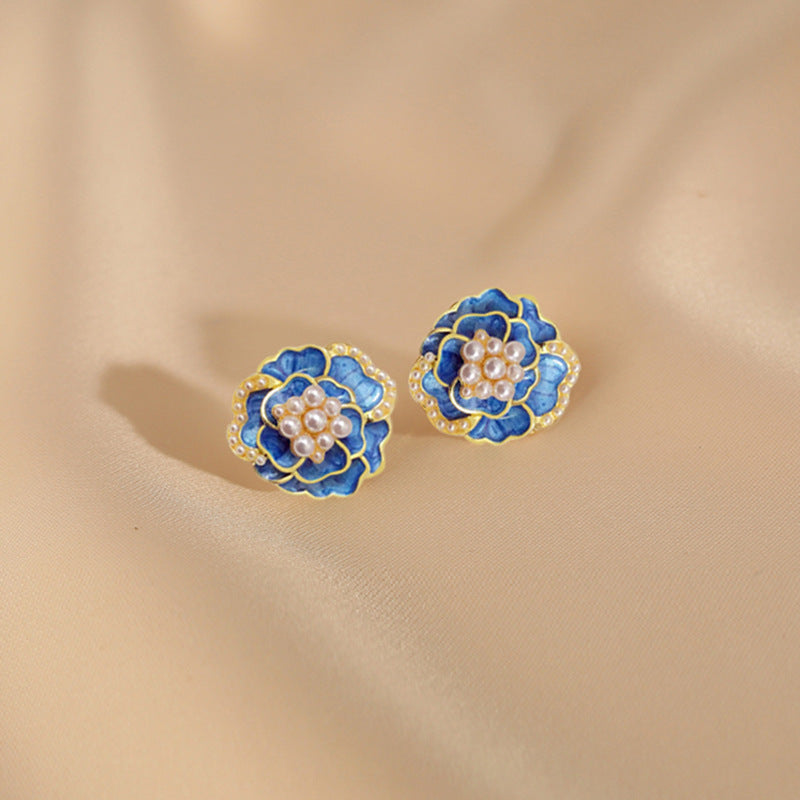 Sterling Silver Needle High-grade Temperament Camellia Pearl Ear Studs