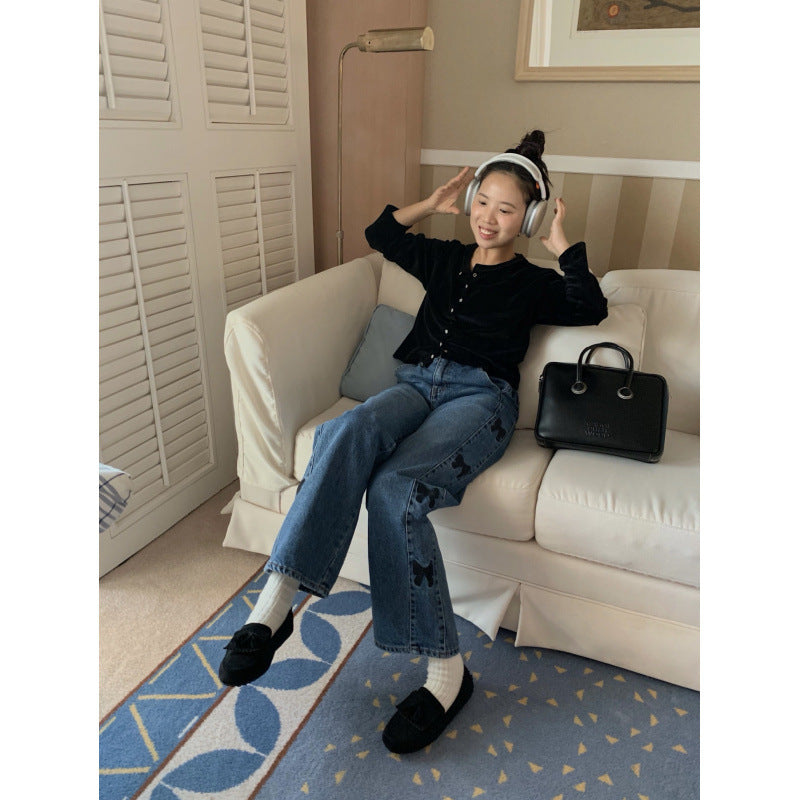 Embroidered Bow Cute Teenage Leisure Blue Jeans