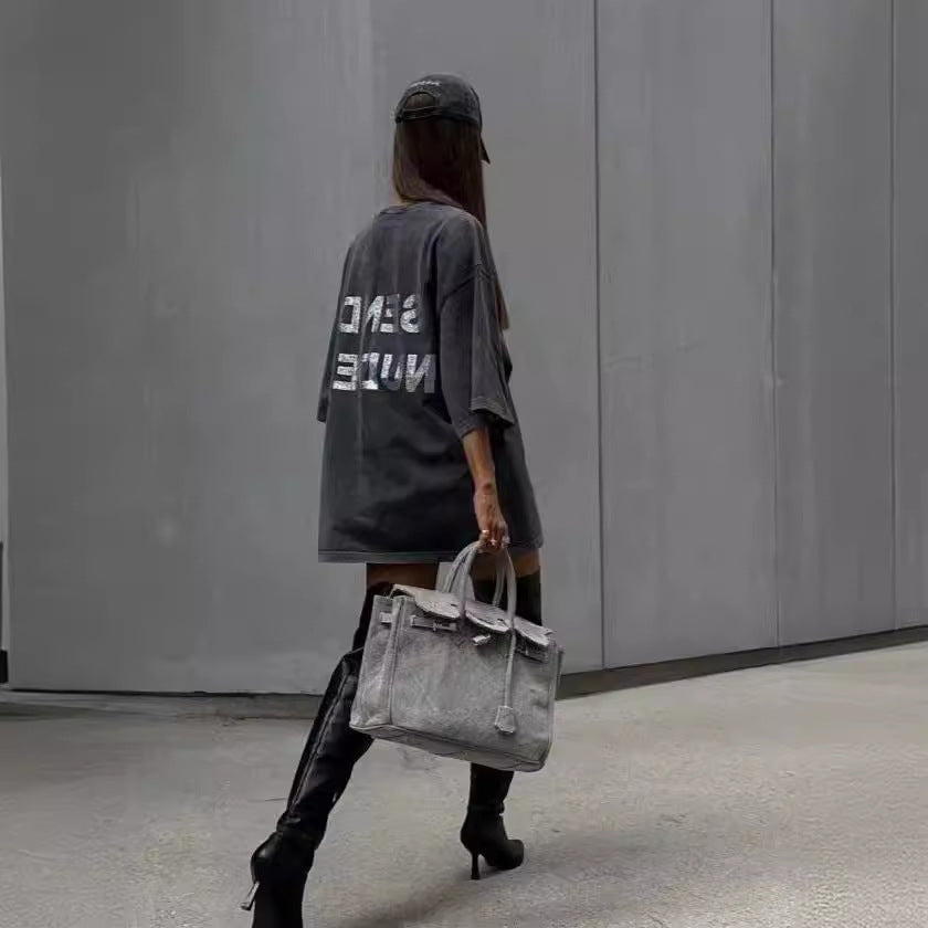 American-style Retro Washed Cotton Letter Rhinestone Short Sleeve Top