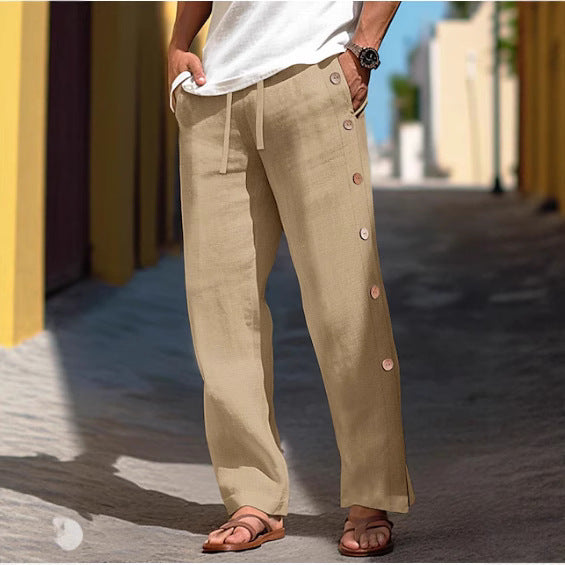 Men's Linen Trousers Drawstring Elastic Waist Side Buckle Solid Color Breathable Comfortable