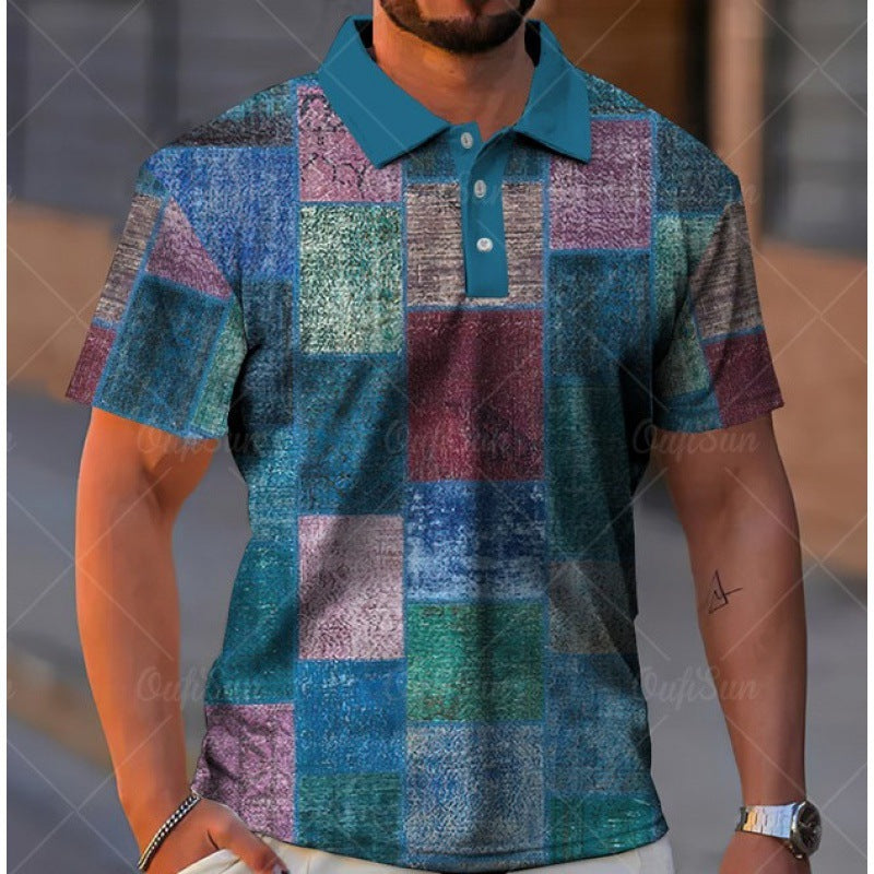 Men's Button Polo Shirt Plaid Lapel Printed Short Sleeve