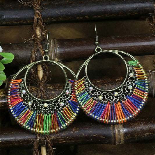 Ethnic Style Earrings Handmade Woven Hollowed Round Ring Earrings