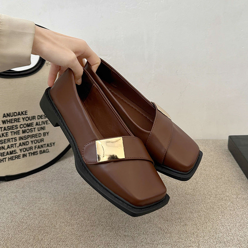 Metal Buckle Square Head Women's Flat-heeled Shoes