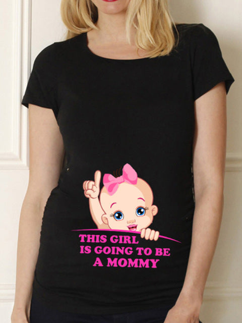 Black Pregnancy Shirt Maternity Cute Baby Print O-Neck Short