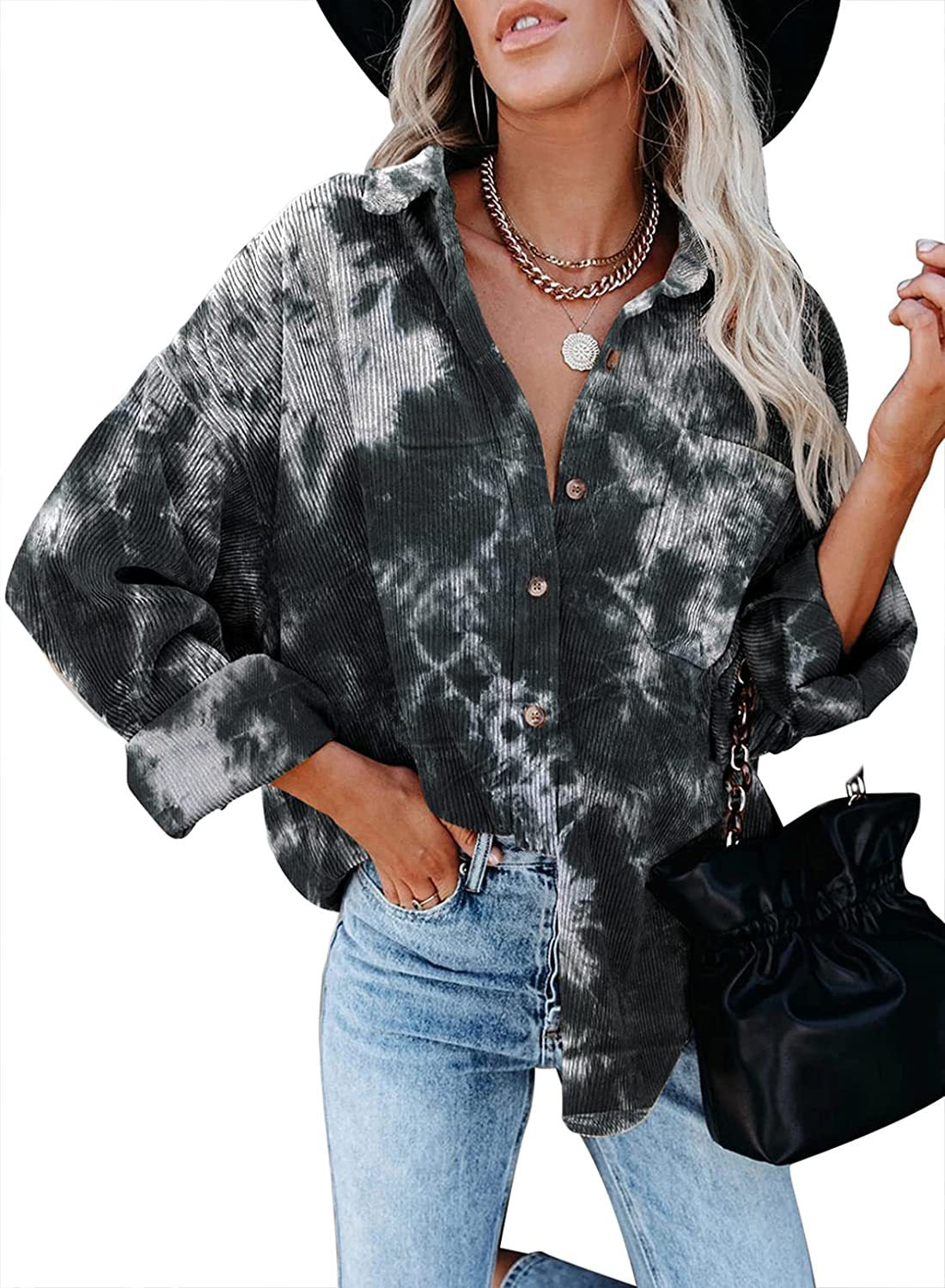 Corduroy Digital Printing Long Sleeve Buckle Loose Oversized Shirt