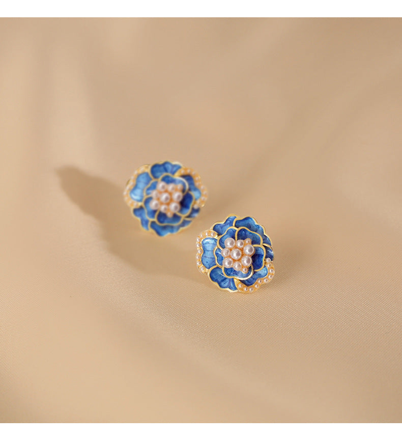 Sterling Silver Needle High-grade Temperament Camellia Pearl Ear Studs