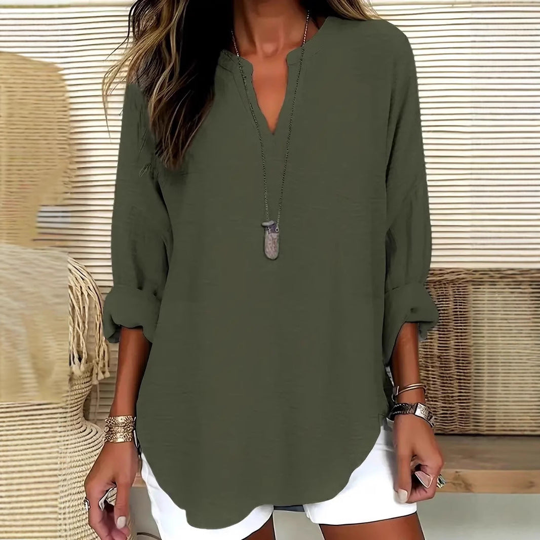 Women's V-neck Drop-shoulder Long-sleeve T-shirt