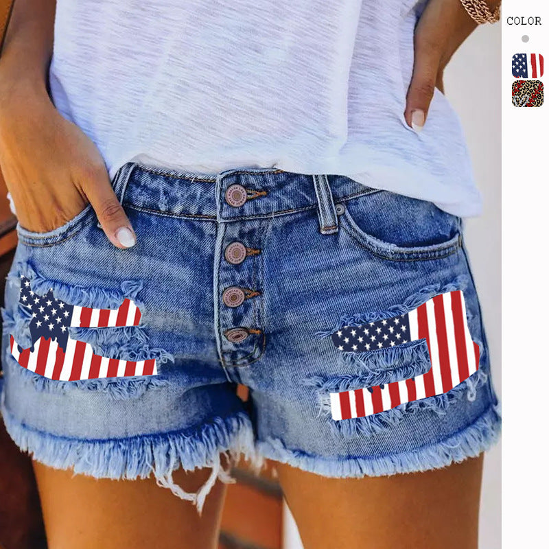European And American Leisure Ripped Print Patch Tassel Denim Straight Shorts Female