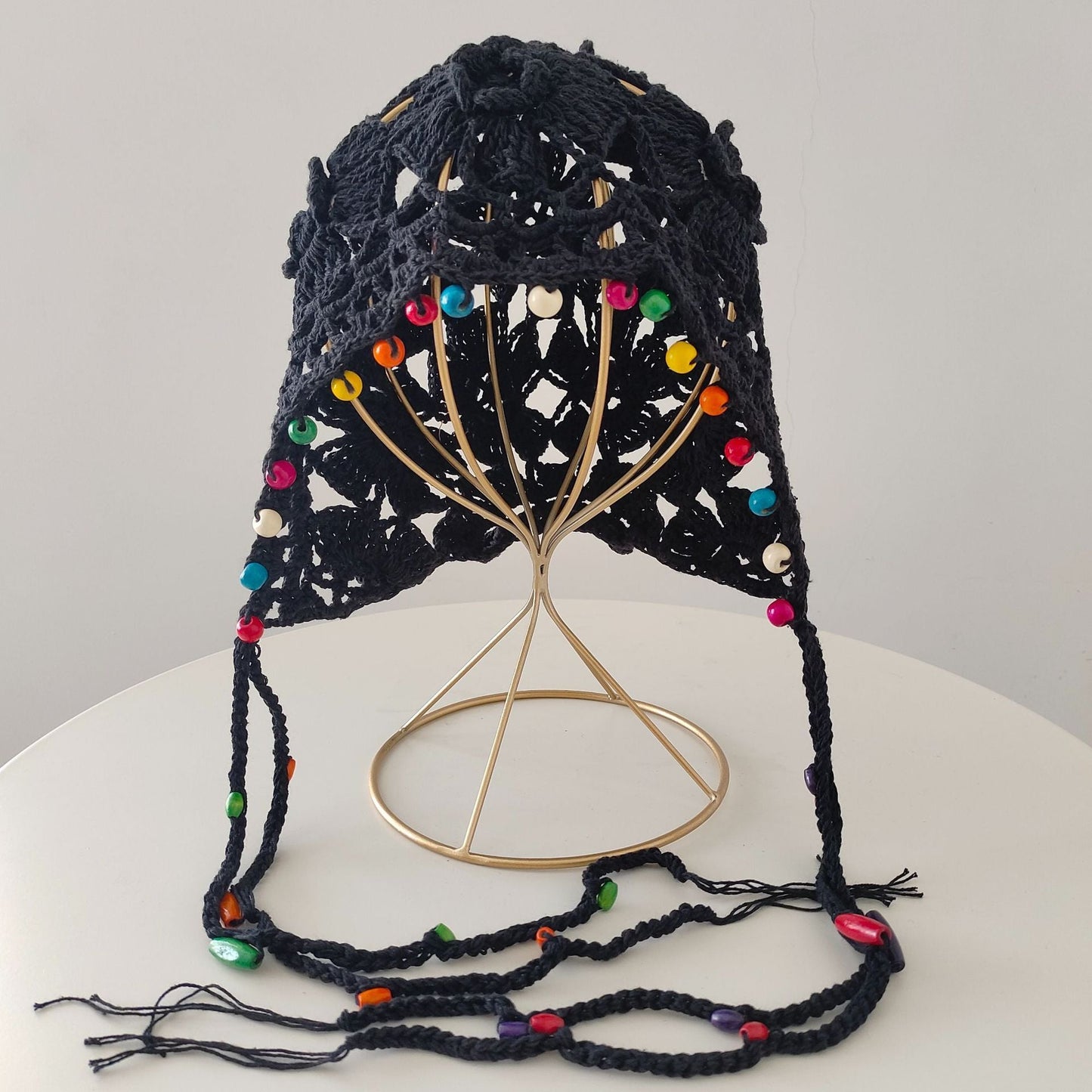 Flower Tassel Knitted Hat Pure Cotton Handmade Colorful Beads Retro Hollow