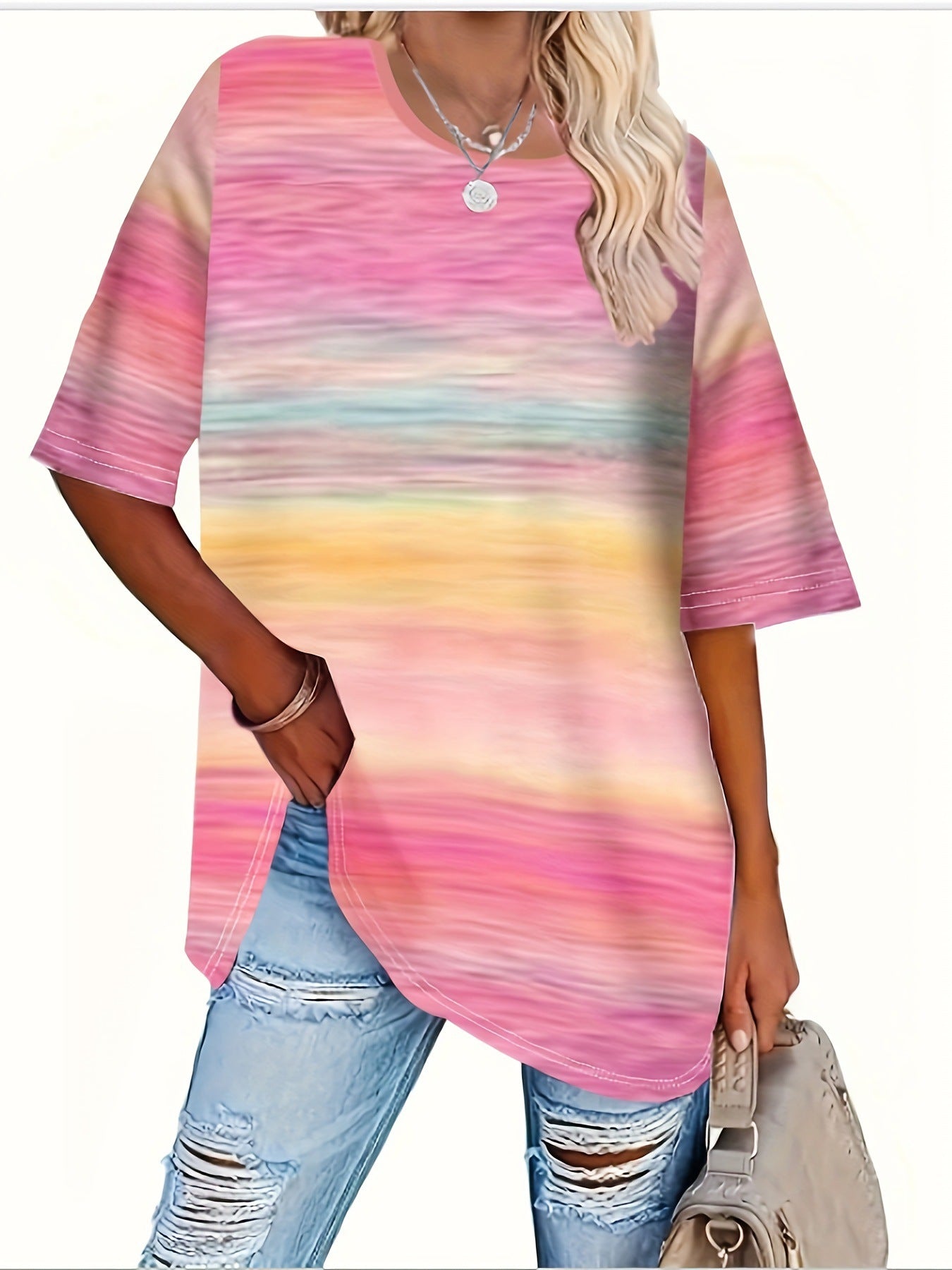 Round Neck Short Sleeve Gradient Print Loose Short Sleeve