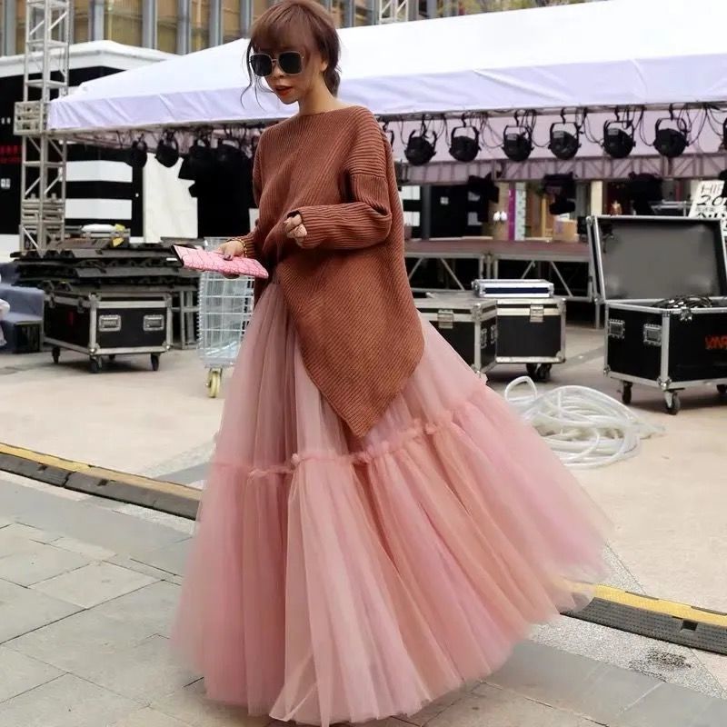 Mesh Women's High Waist Midi A- Line Skirt