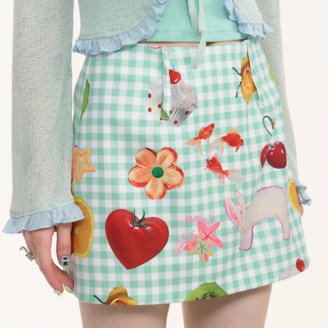 Fruit Print Yellow High Waist Slimming Short Skirt For Women