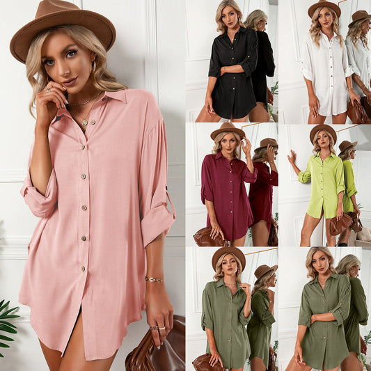 European And American Leisure Loose Single-breasted Shirt Dress Top For Women