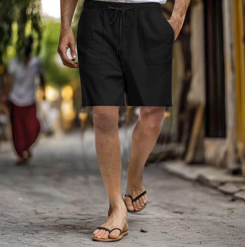 Men's Cotton Linen Multi-pocket Drawstring Leisure Beach Shorts