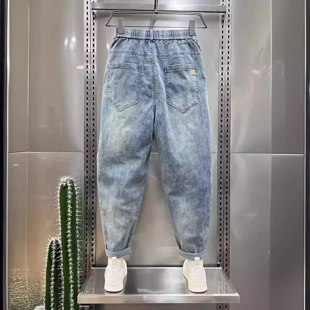 White Jeans Men's Light Blue Retro Casual Cropped